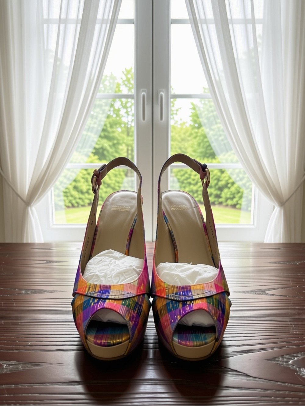 Stuart Weitzman Multicolor Striped Slingback Peep-Toe Heels
